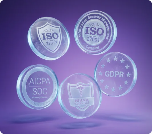 Sellos de certificación ISO 27001, ISO 27017, GDPR, SOC (AICPA) e HIPAA