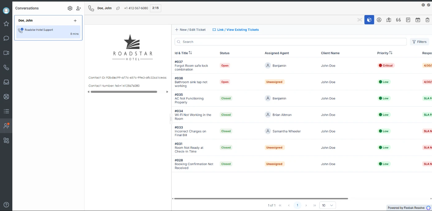 El widget de interacción de Resolve abierto en el escritorio del agente de Genesys Cloud junto a una llamada en curso, mostrando los casos anteriores de ese contacto con su estado y prioridad